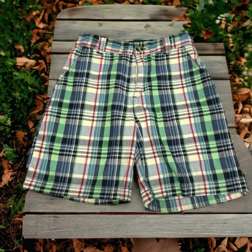 Gymboree Boys Shorts Sz 7 Green Navy Blue Red White Plaid Adjustable Waist